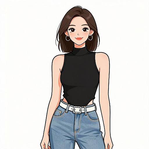Digital anime-style drawing of a smiling woman with short brown hair, wearing a black sleeveless turtleneck and blue jeans with a white belt, against