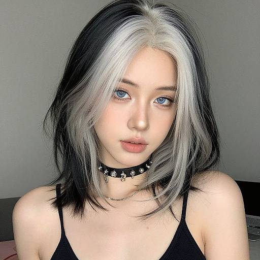 Photograph of a young woman with black and white hair, blue eyes, wearing a black choker and tank top, against a plain gray background.