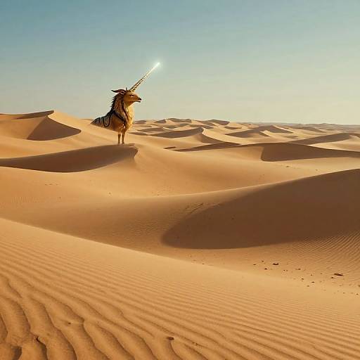 Photograph of a lone warrior with a glowing staff standing on a sunlit, golden desert with rippled sand dunes under a clear blue sky.