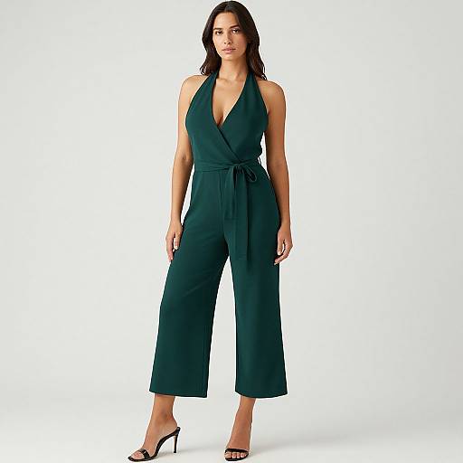 Photograph of a brunette woman with fair skin wearing a dark green halter-neck jumpsuit and black high heels, standing against a plain white background.