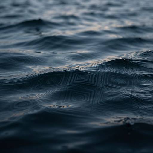 Photograph of rippling, dark blue ocean water with subtle, wavy textures and intricate, circular patterns reflecting sunlight.
