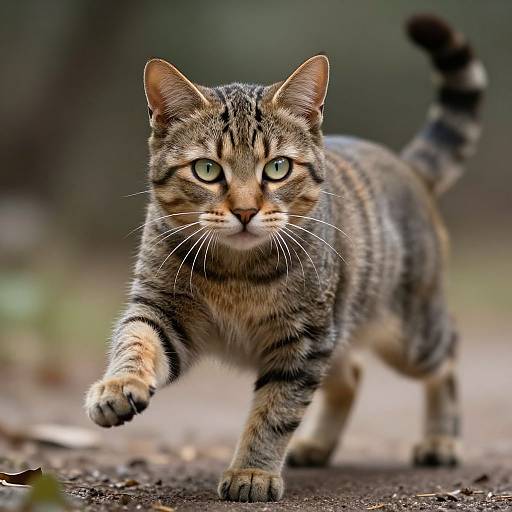 Photograph of a focused, striped tabby cat with green eyes, mid-stride on a dirt path, tail raised, and blurred background.