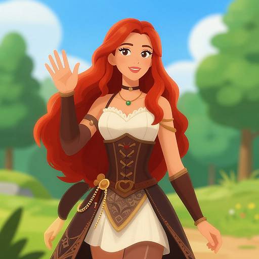 Digital illustration of a smiling red-haired woman waving, wearing a white corset dress, black arm sleeves, and gold jewelry, in a sunny forest background