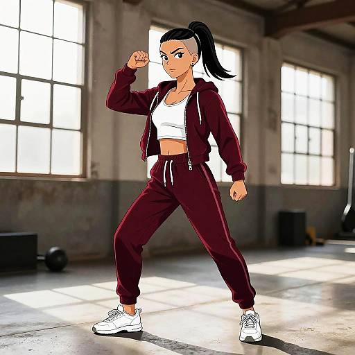 Fit Female Martial Artist in Red Tracksuit