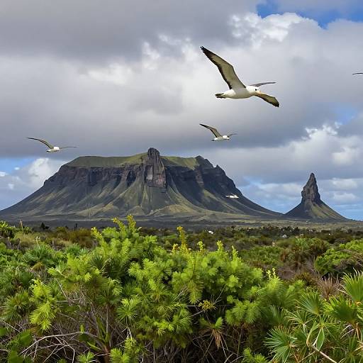 Photograph of a lush, green island landscape with tall, rugged mountains, cloudy sky, and three seagulls flying overhead.