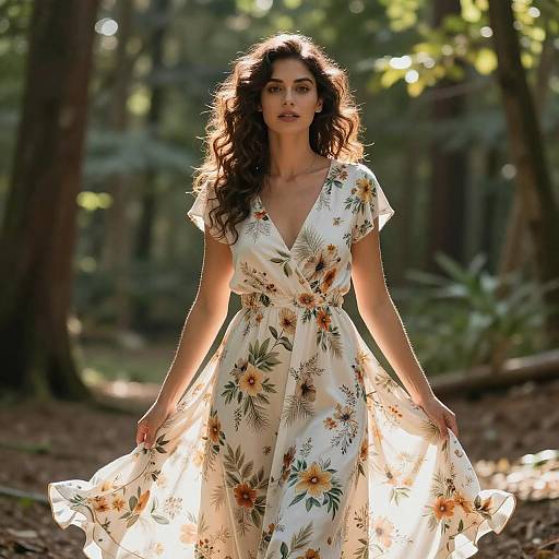 Photograph of a woman with long, wavy brown hair in a white, floral, V-neck dress, standing in a sunlit forest.