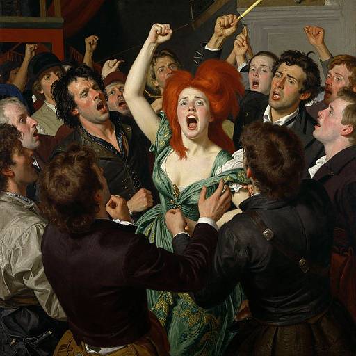 Photograph of a chaotic scene: red-haired woman in green dress, raised fist, surrounded by men in 19th-century clothing, shouting and grabbing