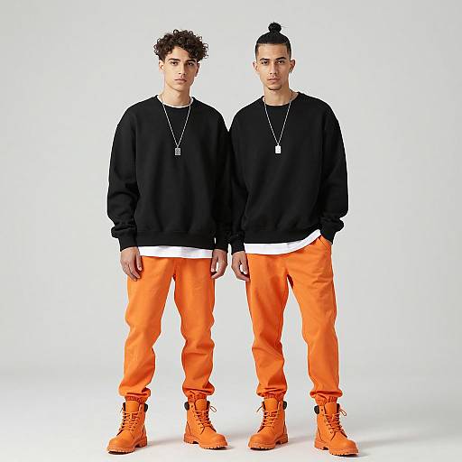 Two Young Men in Matching Black and Orange Streetwear
