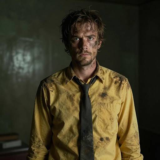 Disheveled Man in Yellow Shirt Covered in Dirt