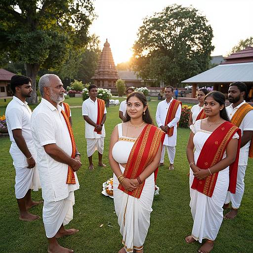 Photograph of an Indian wedding ceremony: Bride in white sari with red gold border, holding bouquet, surrounded by men in white dhotis,