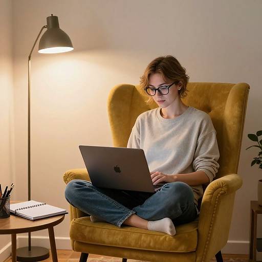 Photograph of a glasses-wearing, brown-haired woman in a beige sweater and blue jeans, sitting cross-legged on a yellow armchair, using a