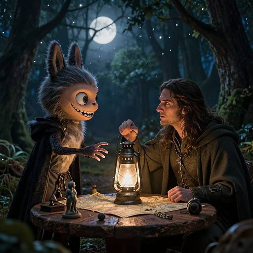 Photograph of a furry, grinning creature with large ears and sharp teeth, touching hands with a long-haired man by a lantern in a moonlit