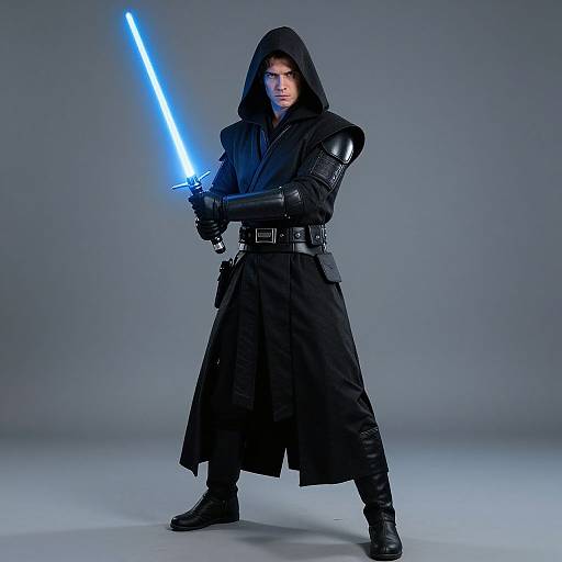 Photograph of a dark-robed, hooded Jedi holding a glowing blue lightsaber, standing against a gradient gray background, wearing black armor and boots