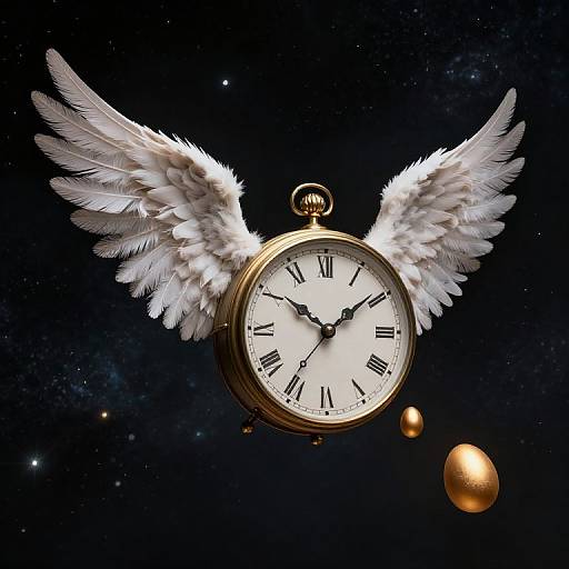 Ancient Clock with Feathered Cosmic Wings