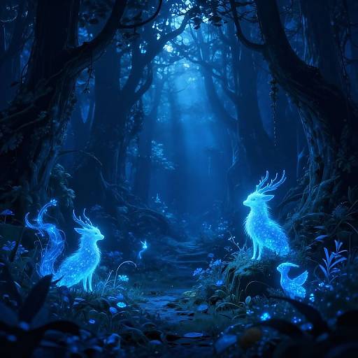 Digital art of glowing blue, ethereal deer with antlers in a dark, mystical forest illuminated by blue bioluminescent light.