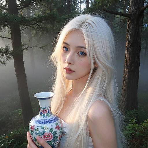 Photograph of a young, fair-skinned woman with long, platinum blonde hair, holding a floral vase, in a misty forest. Sunlight