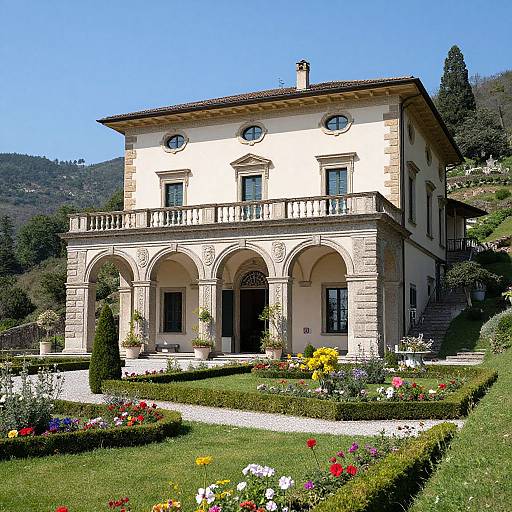 Photograph of a two-story, cream-colored villa with arched stone columns, circular windows, and a terracotta roof, surrounded by vibrant flower