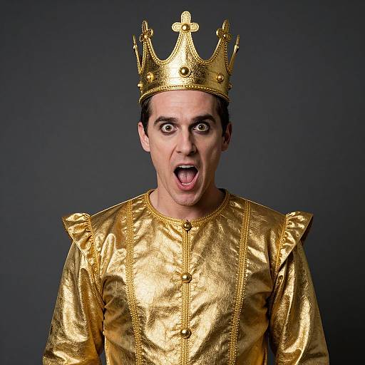 Photograph of a man with wide eyes and open mouth, wearing a golden crown and matching gold, medieval-style tunic against a dark background.