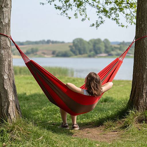 Photograph of a woman with brown hair in a red and black striped hammock, facing a lake, between two trees, on a sunny day.