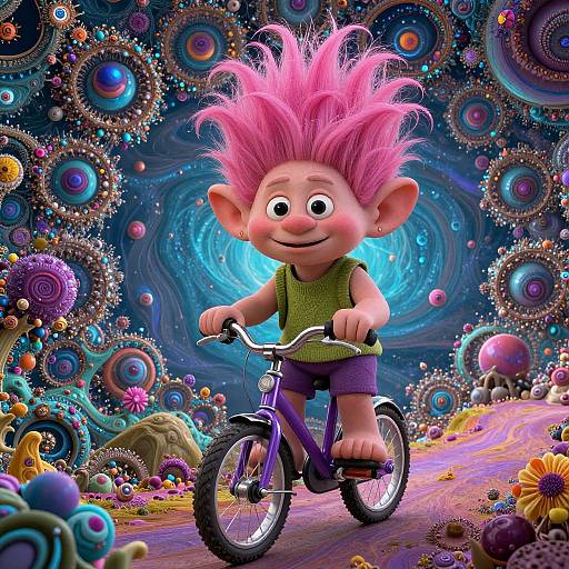 Digital illustration of a whimsical, pink-haired, wide-eyed child with large ears riding a purple bicycle in a vibrant, surreal, circular-patterned,