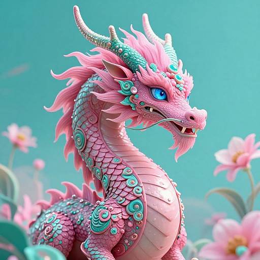 Vibrant digital artwork of a pink dragon with blue eyes, turquoise scales, and floral patterns, surrounded by pink flowers against a turquoise sky.