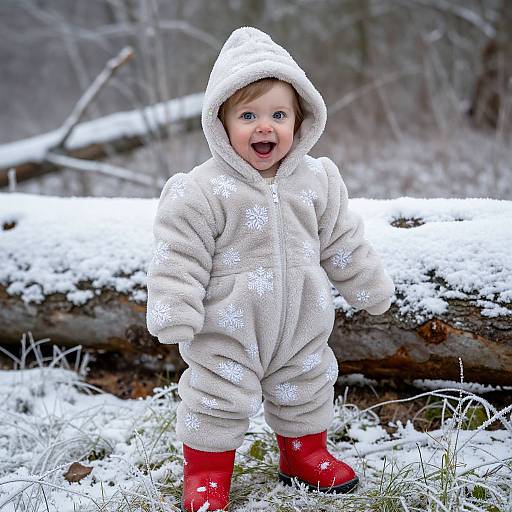 Photograph of a joyful, blue-eyed toddler in a white, snowflake-patterned hoodie and red boots, standing on snow-covered ground with a log