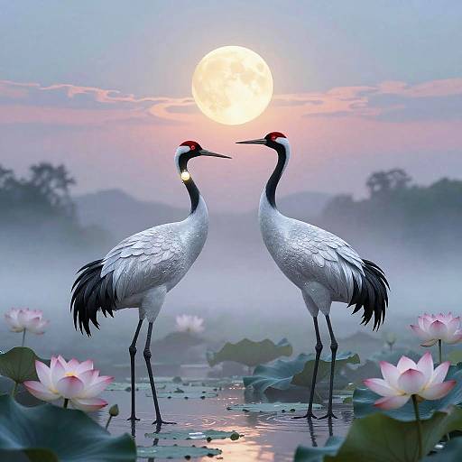 Ethereal Silver Cranes in Misty Wetland