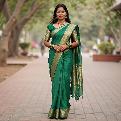Photograph of an Indian woman in a green saree with gold border, standing on a tree-lined brick path, adorned with jewelry, smiling confidently.