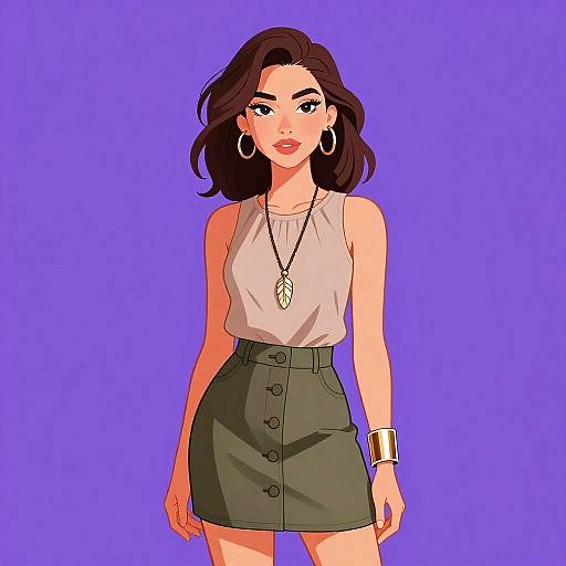 Digital illustration of a confident woman with wavy dark hair, wearing a sleeveless white top, high-waisted black skirt with buttons, gold necklace