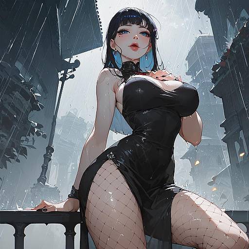 Gothic Vintage Beauty in Rainy Cityscape