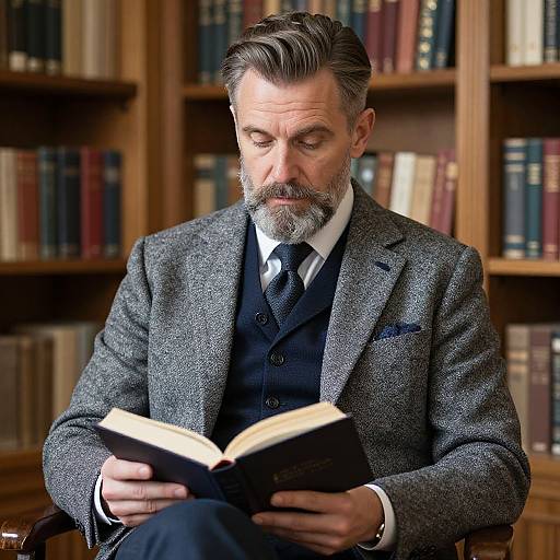 Distinguished Man Reading in Classic Library