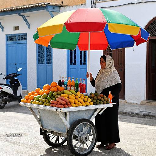 Photograph of a veiled woman selling fruits and drinks under a colorful umbrella, with a wheelbarrow full of oranges and melons on a sun