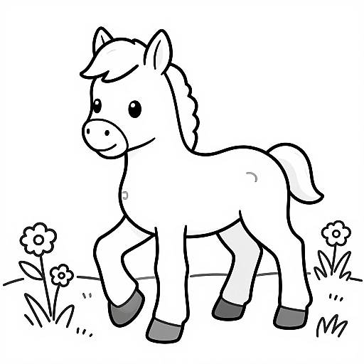 Cute black-and-white cartoon drawing of a smiling, four-legged pony with a mane and tail, walking through a simple grassy field with small flowers