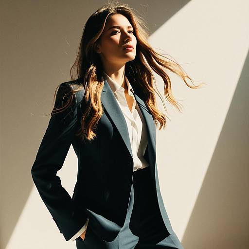 Professional Woman in Minimalist Suit with Flowing Hair