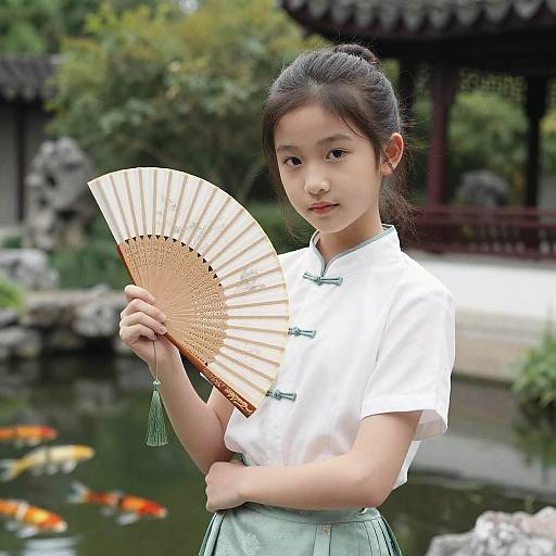 Elegant Chinese Schoolgirl in Traditional Garden