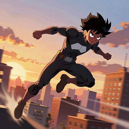 Digital anime-style illustration of a muscular, black-haired male superhero with glowing eyes, leaping through an urban sunset sky, buildings blurred in the background.