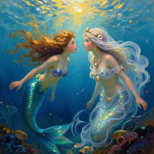 Digital painting of two mermaids with shimmering scales, one with orange hair and blue scales, the other with white hair and translucent scales, floating underwater