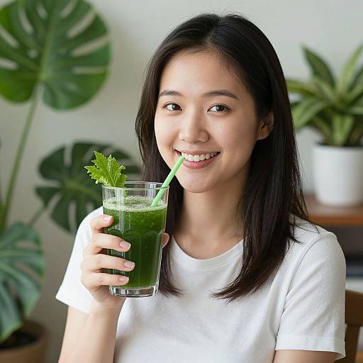Photograph of a smiling Asian woman with straight black hair, wearing a white T-shirt, holding a green smoothie with a straw and leaf garnish