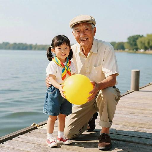 Photograph of an elderly man with glasses, white shirt, beige pants, and cap, kneeling beside a young Asian girl with pigtails, white