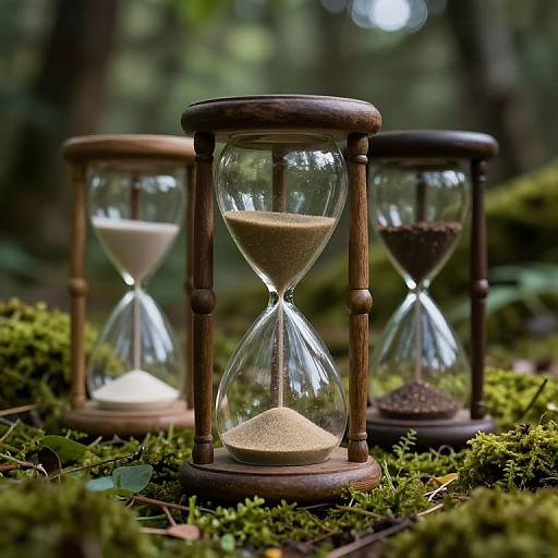 Photograph of three wooden hourglasses on mossy forest floor; foreground hourglass with sand, middle with water, and background with pebbles