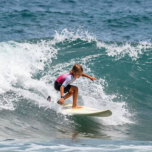 Photograph of a young surfer with blonde hair, wearing a pink and white rash guard and black board shorts, riding a crashing wave on a sunny