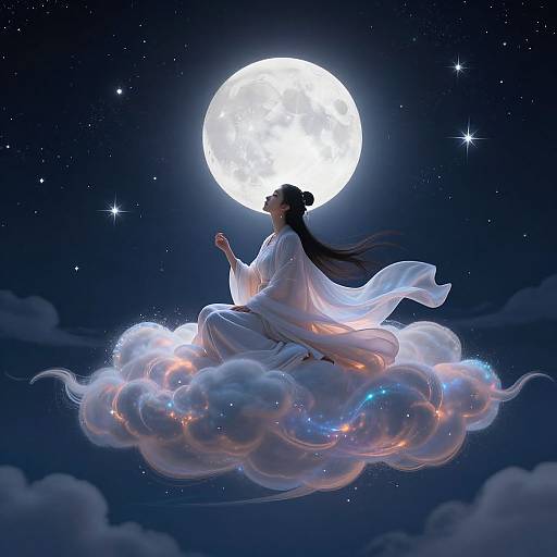 Digital illustration of a serene woman in a flowing white robe, meditating on a glowing cloud, under a bright full moon in a starry night sky