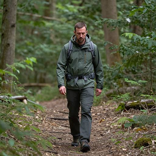 Photograph of a bearded man in a green hiking jacket and backpack walking on a forest path, surrounded by lush greenery.