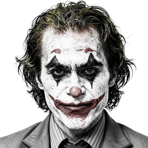 Digital illustration of Joker with white face paint, black eye makeup, red lips, messy brown hair, wearing a gray suit and tie.