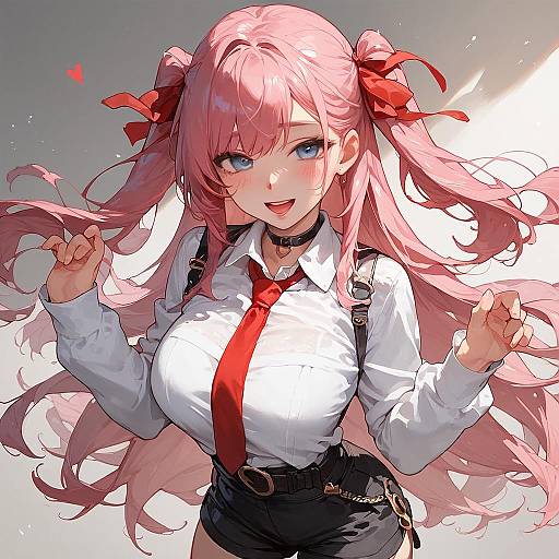 Anime-style digital illustration of a pink-haired, blue-eyed girl with twin ponytails, wearing a white shirt, red tie, black shorts, and ch