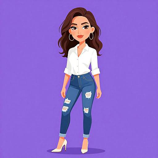 Digital illustration of a cute, brown-haired woman with hoop earrings, white blouse, and blue ripped jeans, standing on purple background.