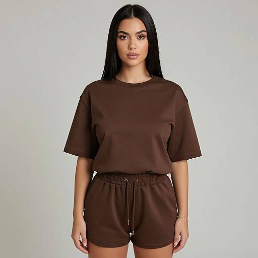 Photograph of a young woman with long black hair, wearing a brown oversized t-shirt and matching shorts, against a plain white background.