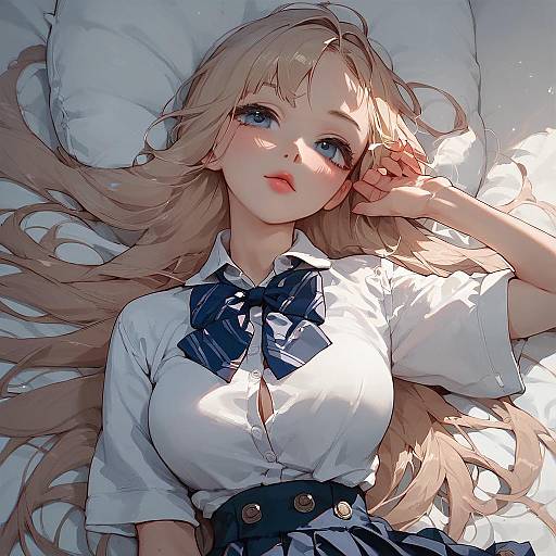 Anime-style digital drawing of a blonde girl with blue eyes, lying on a white bed, wearing a white shirt with a blue bow and high-wa