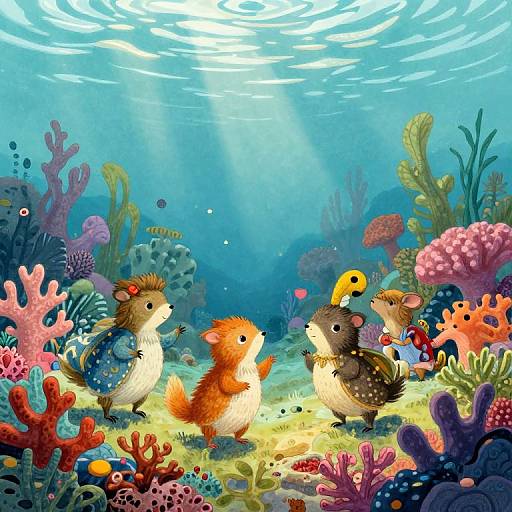 Colorful underwater scene: three cute, cartoon-style chipmunks with vibrant fur, interacting near colorful coral and seaweed, with light rays shining above