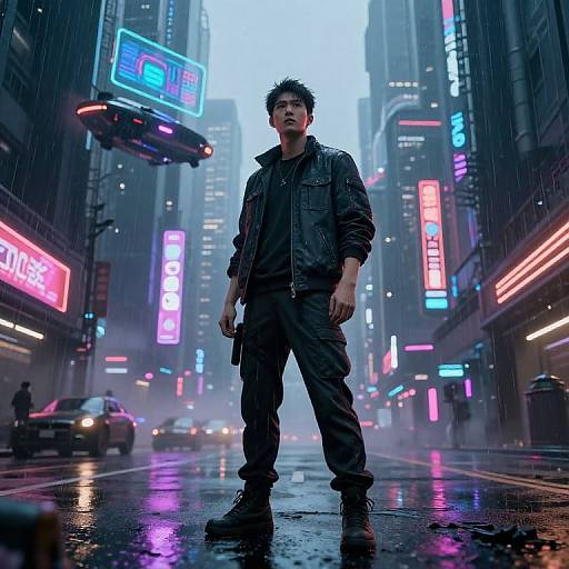 Cyberpunk cityscape photograph: muscular man in black jacket and pants, holding gun, standing on wet, neon-lit street, rain falling.